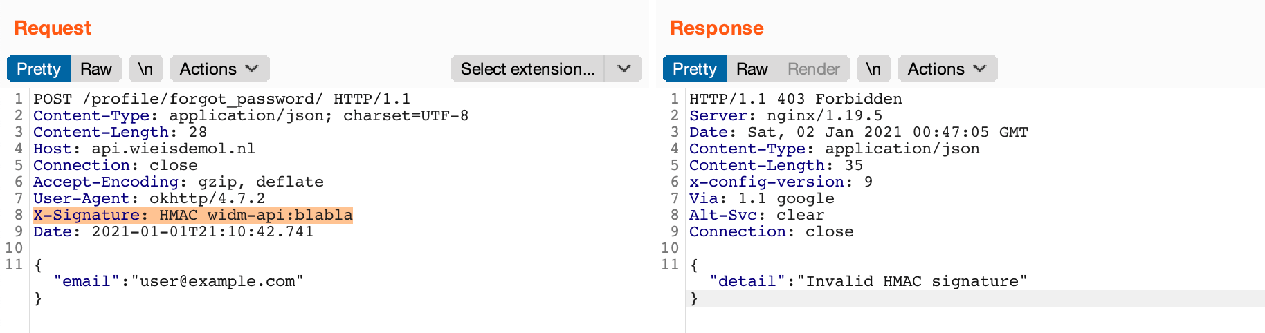 Image showing a HTTP 403 response as a result of a request with an invalid signature.