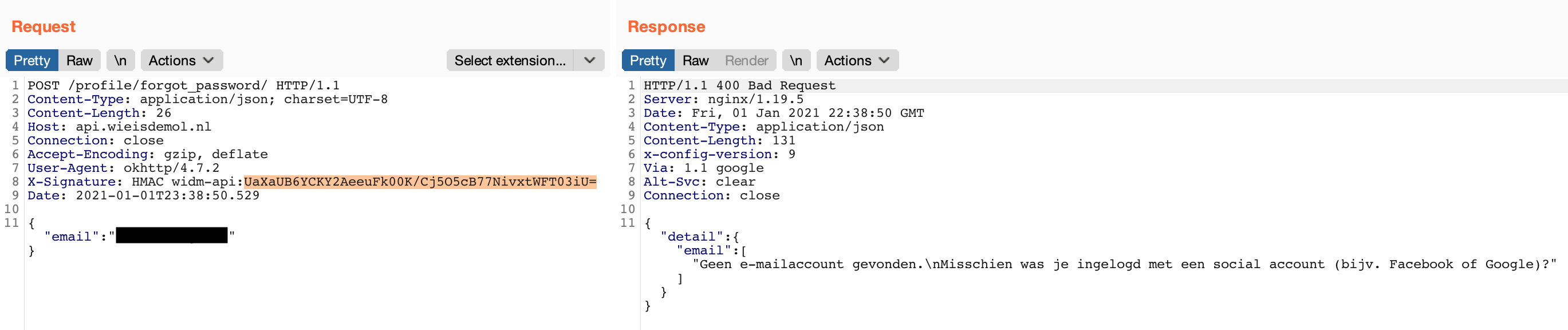 Image showing the original request and response, highlighting the signature in the request.